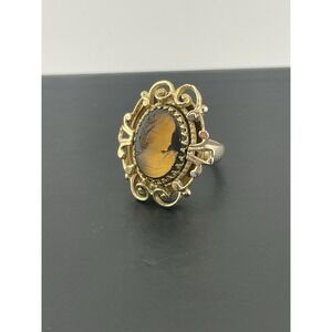 Whiting And Davis Cameo Ring Amber Victorian Revival Vintage Gold Tone Sz 6